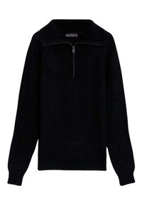 Zwarte pullover trui in ribbelstructuur met een halflange ritssluiting, met een V-hals ontwerp en lange mouwen.