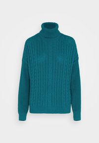 Teal neulepusero, jossa on korkeakaulus, teksturoitu puikkoneulekuvio, pitkät hihat sekä resorit hihansuissa ja helmassa.