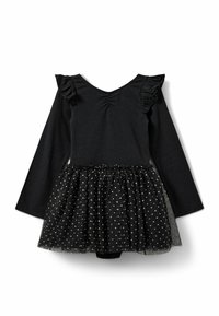 Czarna sukienka z długim rękawem, z dopasowaną górą z falbanami na ramionach oraz tiulową spódnicą w białe kropki, wykonana z miękkiego materiału, z marszczonym pasem.