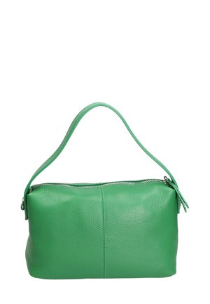 Borsa a tracolla verde in pelle con una texture liscia, forma arrotondata e una lunga tracolla singola. Presenta una chiusura a zip superiore e nessun motivo evidente.