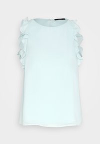 Blusa senza maniche di un blu chiaro con dettagli volanti sulle spalle, scollatura rotonda e chiusura a occhiello sul retro. Tessuto morbido e fluido.