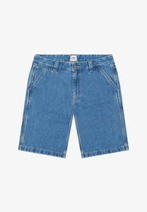 Shorts di denim blu con tasche frontali, passanti per cintura e chiusura con bottone, con etichetta Lee sulla vita.