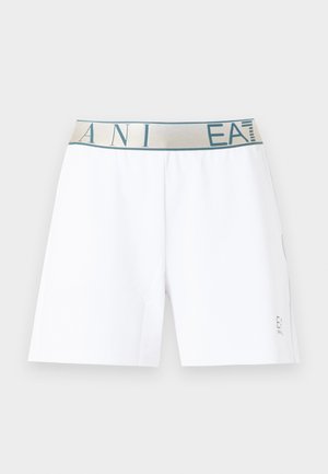 Hvite shorts med en beige linning med blå bokstaver "ANI" og "EA7", samt en liten "EA7 Emporio Armani"-logo nær kanten på venstre side.
