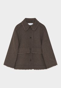 Brown, textured jacket with a frayed collar, two front pockets, and a button closure. Features horizontal stripes in the fabric.