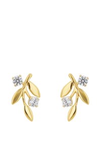 Gold-tone earrings featuring a branch design with two leaves and two round clear stones, showcasing a polished texture and intricate detailing.