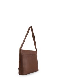 Brown leather shoulder bag with an adjustable strap, flat rectangular shape, smooth texture, and a front pocket. Minimalist design.