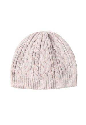 Strickmütze in zartem Pastellrosa mit Kabelmuster und geripptem Saum. Hergestellt aus strukturiertem Garn, mit entspanntem Oberteil.