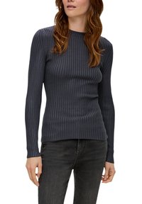 Dunkelgraues, geripptes Langarmshirt mit taillierter Passform und rundem Ausschnitt, gefertigt aus einem weichen Stoff mit strukturierter Oberfläche.