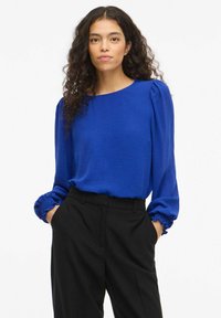 Blusa blu a maniche lunghe con finitura testurizzata, caratterizzata da spalle affusolate e polsini arricciati, abbinata a pantaloni neri a vita alta.