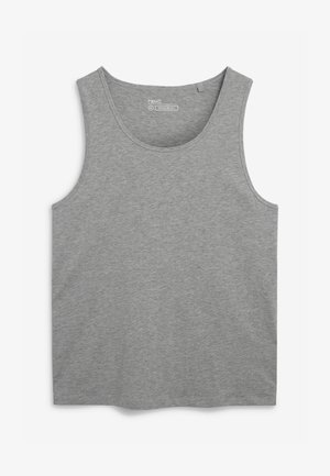 Szürke pamut ujjatlan póló lekerekített nyakkal és széles karöltőkkel; puha tapintású és normál szabású, nyakánál címkével.