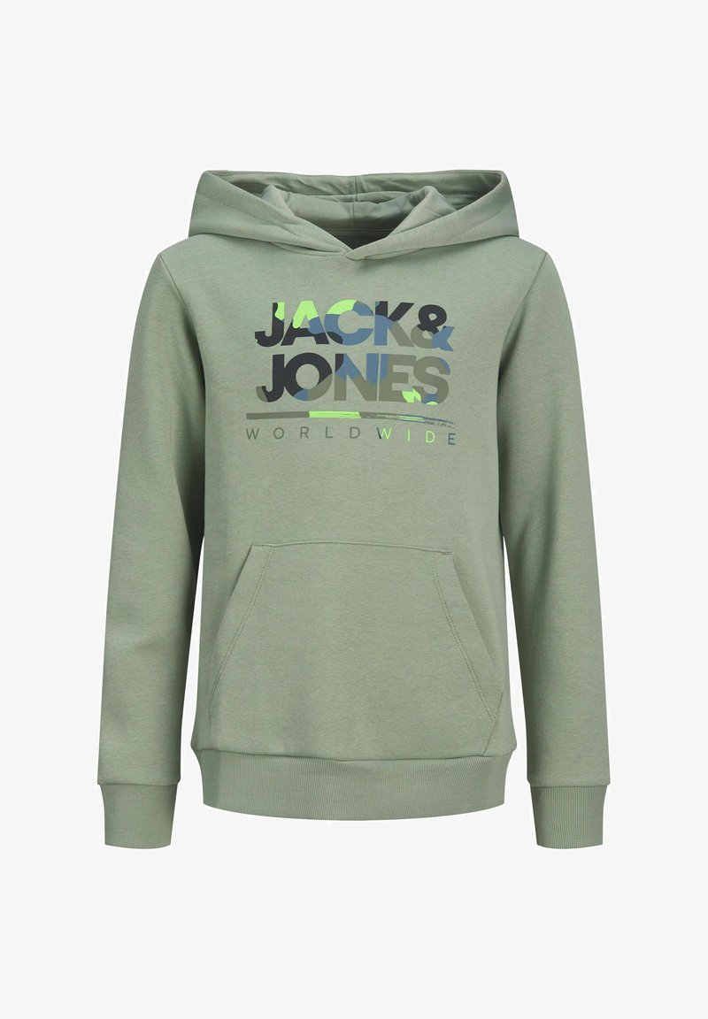 Sudadera verde con capucha y bolsillo frontal, que presenta un diseño gráfico de logo en colores azul, negro y verde neón. Material de algodón, puños acanalados.