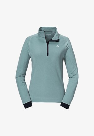 Helles Teal-Pullover mit einem Viertelreißverschluss-Ausschnitt, langen Ärmeln und navyfarbenen Bündchen. Mit kontrastierenden Nähdetails und einem Logo auf der Brust.