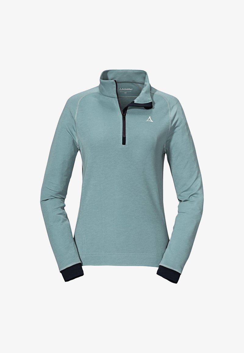 Light teal pullover with a quarter-zip neckline, long sleeves, and navy cuffs. Features contrasting stitch detailing and a logo on the chest.