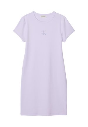 Levendulalila rövid ujjú, hétköznapi ruha kerek nyakkal, az elején középen finom Calvin Klein logóval.