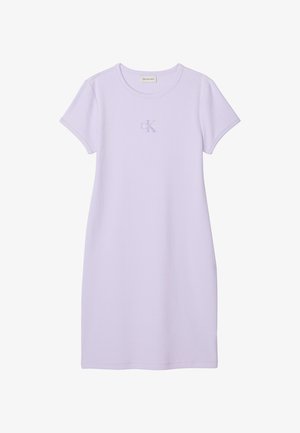 Levendulalila rövid ujjú, hétköznapi ruha kerek nyakkal, az elején középen finom Calvin Klein logóval.