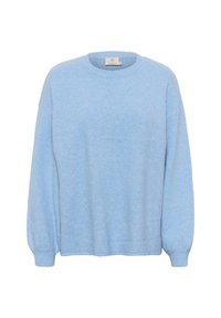 Světle modrý svetr z měkkého, strukturovaného materiálu. Dlouhé rukávy s ribbovanými manžetami a kulatým výstřihem. Čistý, minimalistický design.