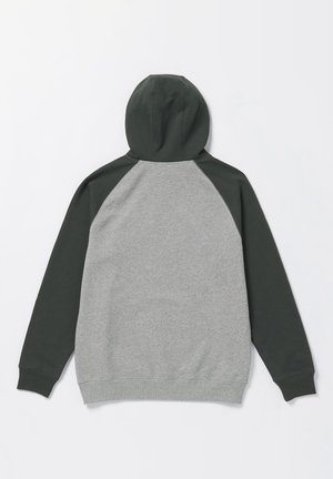 Pullover hoodie met een grijze romp en donkergroene raglanmouwen. Beschikt over een capuchon, ribgebreide manchetten en een zachte textuur.