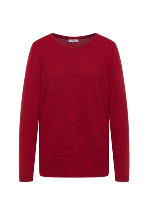 Pull rouge à manches longues avec un col rond, présentant un motif texturé en côtes et une coupe décontractée.