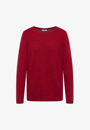 Rød langærmet sweater med rund halsudskæring, der har et tekstureret, ribbet mønster og en afslappet pasform.