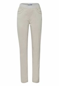 Hellbeige Hose mit einem dehnbaren Bund, zwei Seitentaschen und schlanker Passform. Der Stoff hat eine glatte Textur mit minimalen Nähten.