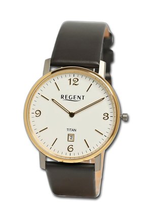 Titan watch with a white dial, gold-tone bezel, brown leather strap, black hour and minute hands, and a date display at 6 o’clock.