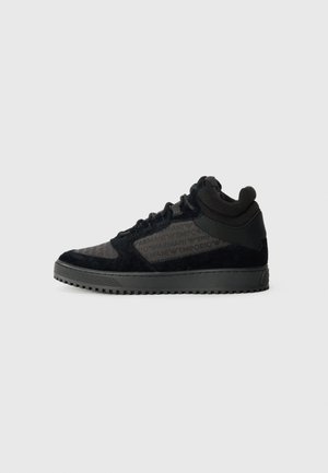 Black high-top sneaker featuring suede and synthetic materials, a textured upper with a logo pattern, and a rubber outsole.