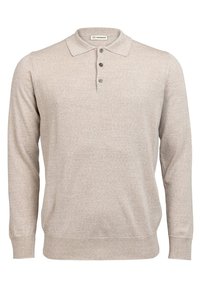Vaalean beige pitkähihaisessa polo-neuleessa on pehmeä kangas. Siinä on klassinen kaulus, kolme napin läpivientiä sekä ribbaatut hihansuut ja helma.
