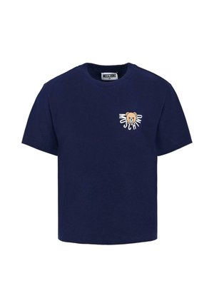 T-shirt in cotone blu navy con scollo a giro, maniche corte, caratterizzato da un logo orso con il testo "Moschino" in bianco sul petto.