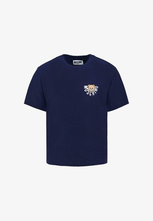 T-shirt in cotone blu navy con scollo a giro, maniche corte, caratterizzato da un logo orso con il testo "Moschino" in bianco sul petto.