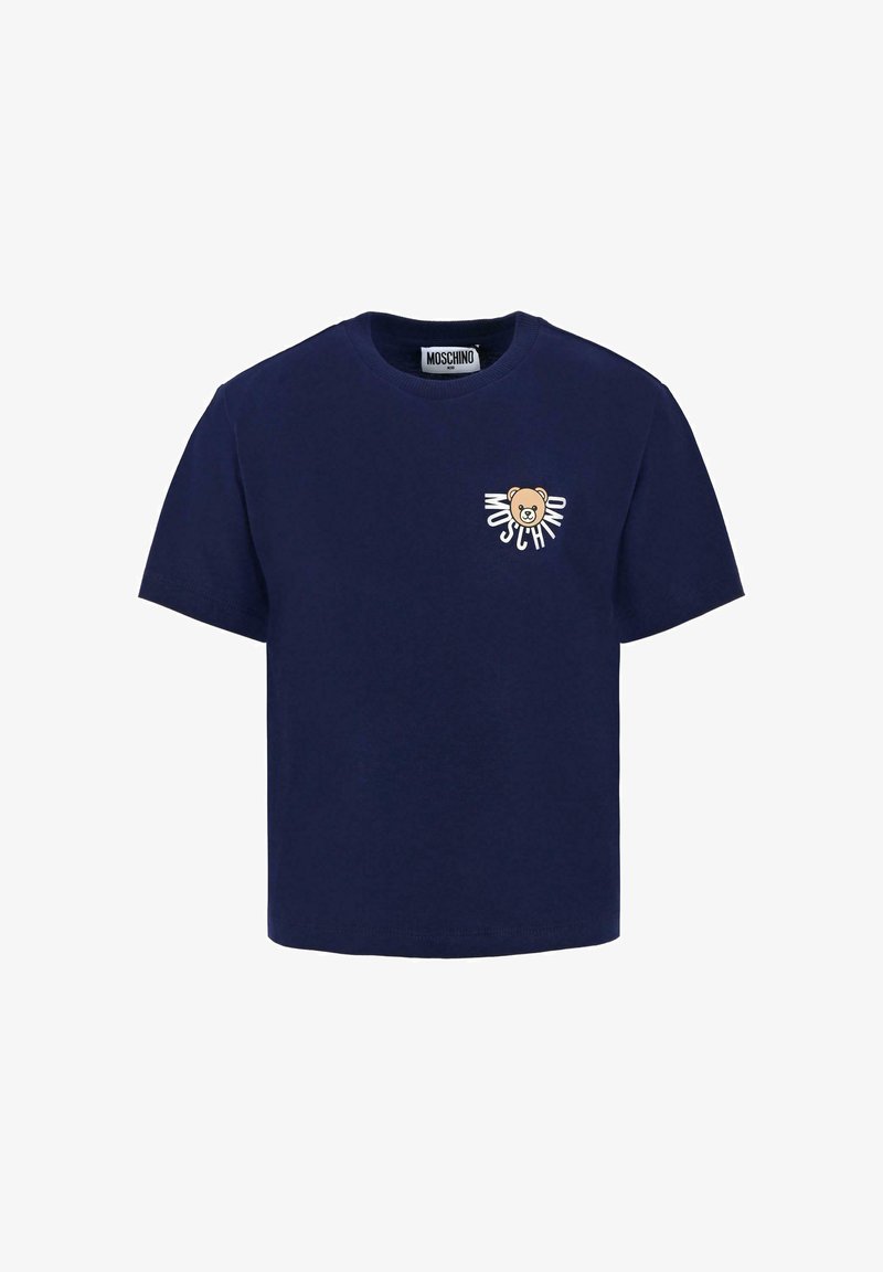 T-shirt in cotone blu navy con scollo a giro, maniche corte, caratterizzato da un logo orso con il testo "Moschino" in bianco sul petto.