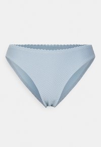 Parte de baixo de biquíni azul claro com tecido texturizado, bordas em formato de concha e corte clássico. Forro suave para maior conforto e ajuste.