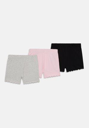 Tre par kvinner shorts i grått, rosa og svart bomull. Har en scallop-kant og elastisk midje, designet for komfort.