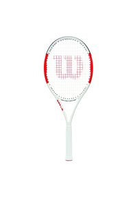 Wilson-Tennisschläger mit weißem Rahmen, roten Akzenten und einem Gittermuster auf den Saiten. Verfügt über einen strukturierten Griff für besseren Halt.