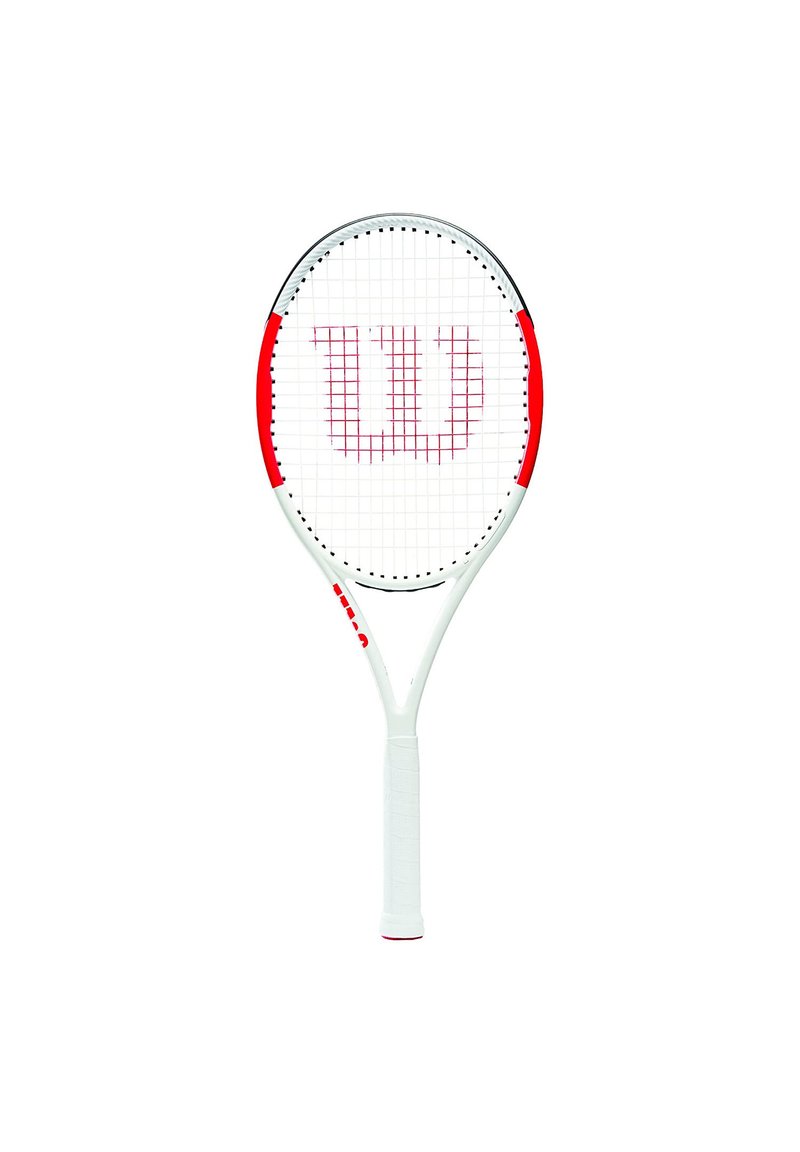 Wilson-Tennisschläger mit weißem Rahmen, roten Akzenten und einem Gittermuster auf den Saiten. Verfügt über einen strukturierten Griff für besseren Halt.