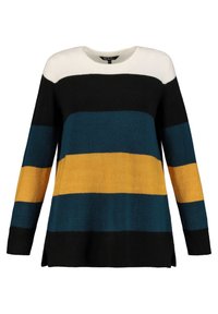Pull rayé noir, bleu sarcelle, jaune et blanc. Présente un col rond, des manches longues et une coupe ample avec des fentes sur les côtés. Texture douce.