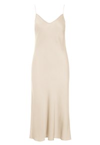 Robe nuisette en satin beige avec des fines bretelles r�églables, un col en V et une silhouette évasée qui tombe doucement à l'ourlet.