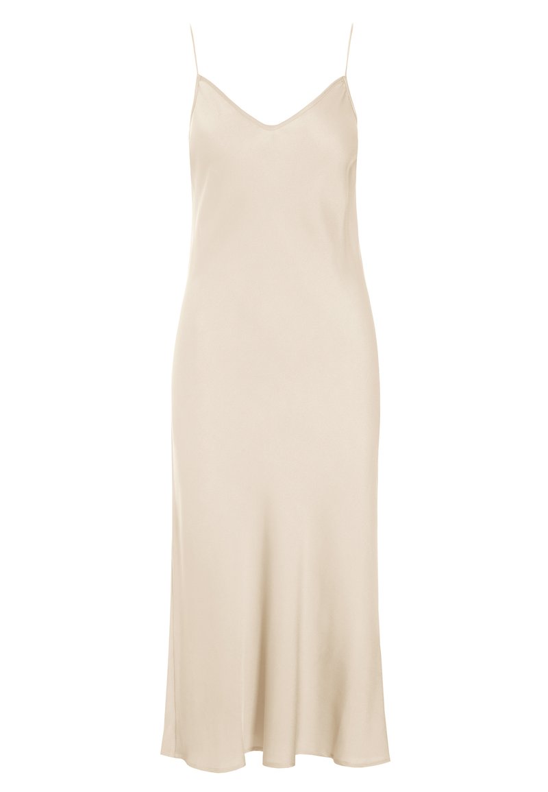 Robe nuisette en satin beige avec des fines bretelles réglables, un col en V et une silhouette évasée qui tombe doucement à l'ourlet.