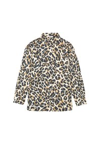 Leopardprint shirt van lichtgewicht stof, met een klassieke kraag, lange mouwen en een borstzak. Kleuren zijn beige, bruin en zwart.