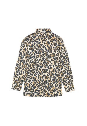 Leopardenmuster Shirt aus leichtem Stoff, mit klassischem Kragen, langen Ärmeln und einer Brusttasche. Die Farben umfassen Beige, Braun und Schwarz.