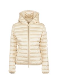 Lichtbeige pufferjack met een capuchon, geborduurde textuur, voorkant met rits en elastische manchetten. Gemaakt van glanzend, lichtgewicht materiaal.