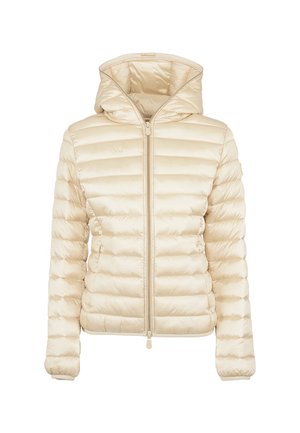 Chaqueta acolchada de color beige claro con capucha, textura acolchada, cremallera frontal y puños elásticos. Fabricada con material ligero y brillante.