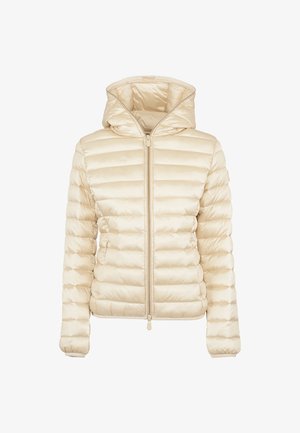 Jasno beżowa kurtka puchowa z kapturem, pikowana, z zapięciem na zamek z przodu i elastycznymi mankietami. Wykonana z połyskującego, lekkiego materiału.