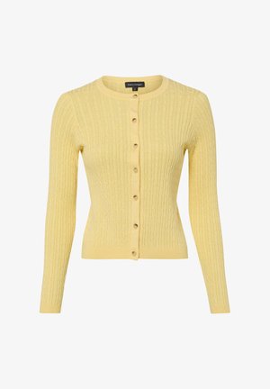 Gelber Strickcardigan mit langen Ärmeln, Rundhalsausschnitt und Knopfleiste vorne, taillierte Passform, Größe S.