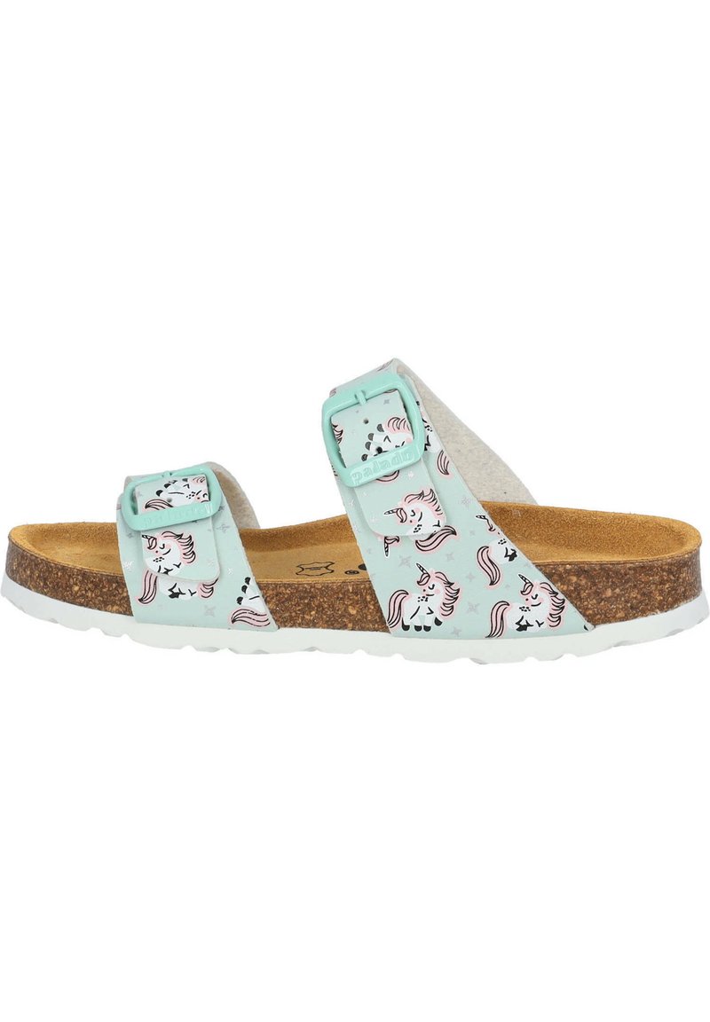 Ljusblå sandaler med enhörningsmönster, justerbara remmar och en fotbädd av kork. Vit sula med en strukturerad yta för grepp.