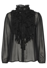 Black, sheer blouse with a frilled ruffle design on the front, high neck, and button closure. Long, slightly puffed sleeves.