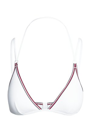 Valge bikiinipluus, millel on reguleeritavad õhukesed rihmad, ning punaste ja mustade triipudega äärised ning taga kinnituseks klapp.