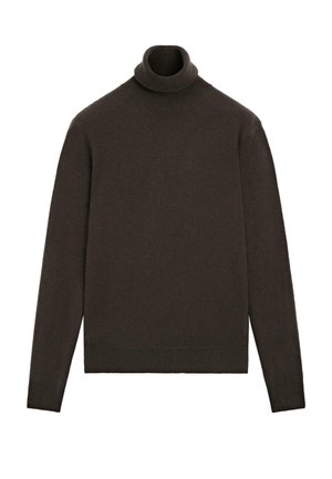 Dunkelbrauner, langärmeliger Rollkragenpullover mit geripptem Kragen, Bündchen und Saum, flach auf einem weißen Hintergrund präsentiert.