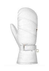 Weißes Lederhandschuh mit gestepptem Muster und goldenen Hardwareakzenten. Mit einem Bündchen und einem Riemen zur Anpassung. Glatte Textur.