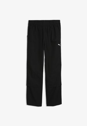 Czarne spodnie sportowe z elastycznym pasem i kieszeniami z boku, z małym białym logo Puma na prawym udzie.