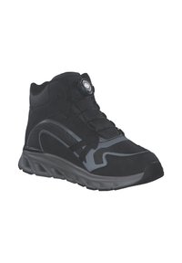 Zwarte high-top sport sneaker van mesh en synthetisch materiaal, met textuuraccenten, een ronde verstelknop en een gevoerde zool.